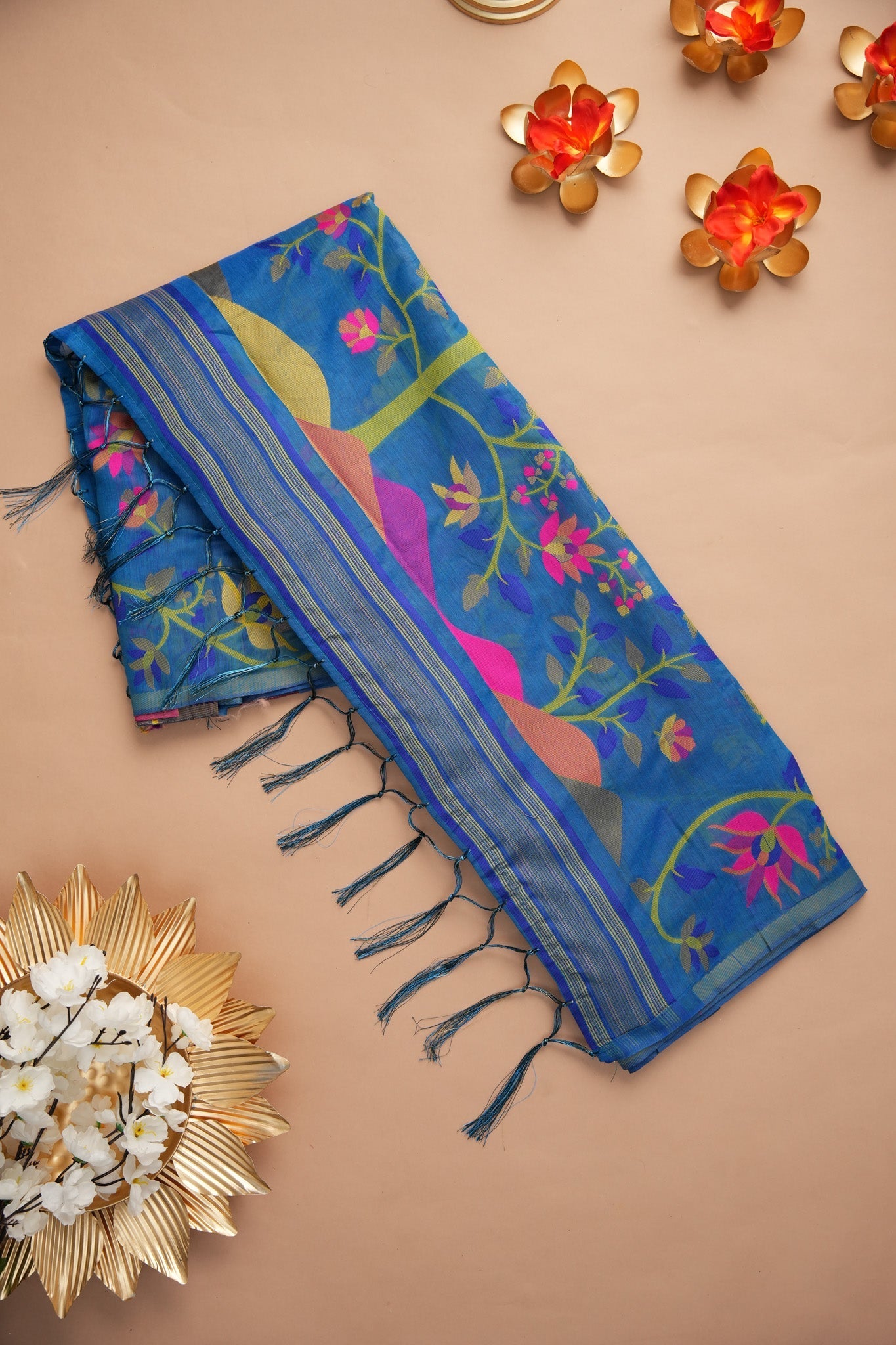 Dhiyona GR Women's Kavya Gypsy Glam Blue Cotton Jamdani Saree