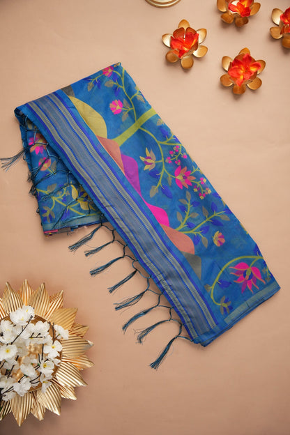 Dhiyona GR Women's Kavya Gypsy Glam Blue Cotton Jamdani Saree