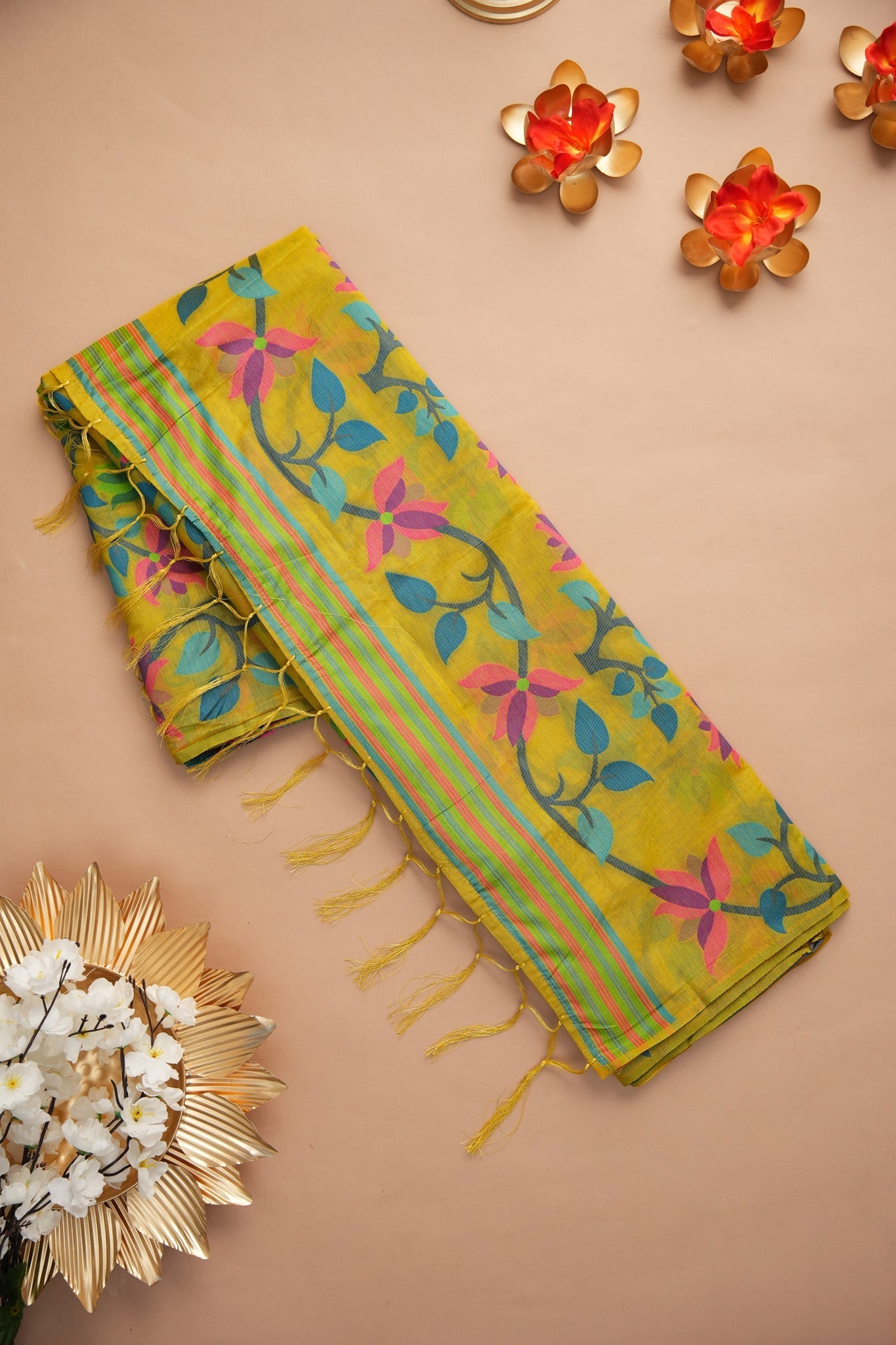 Dhiyona GR Women's Ghazal Classic Couture Olive Cotton Jamdani Saree