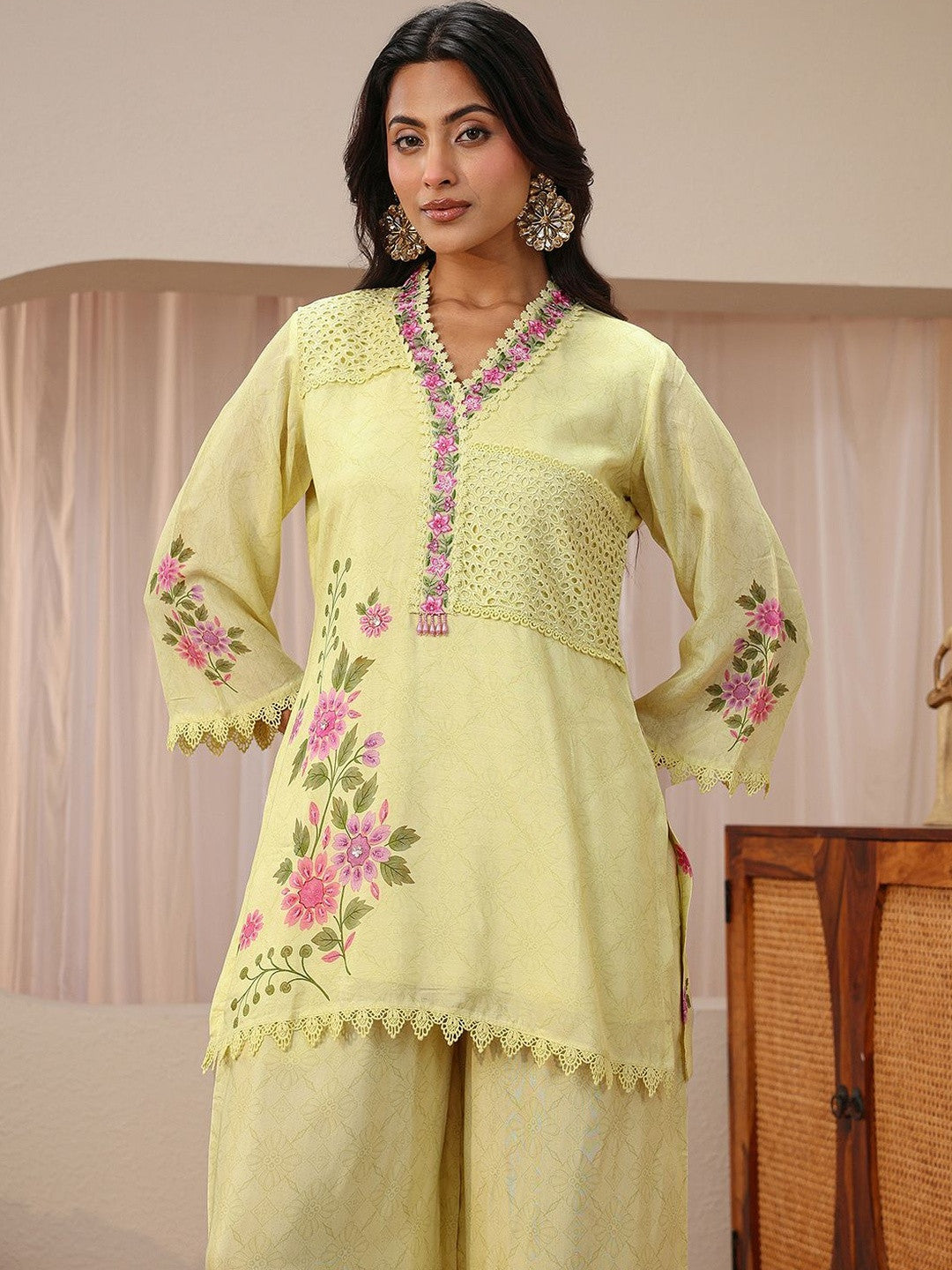 Lime Green Floral Printed Straight Kurta Set