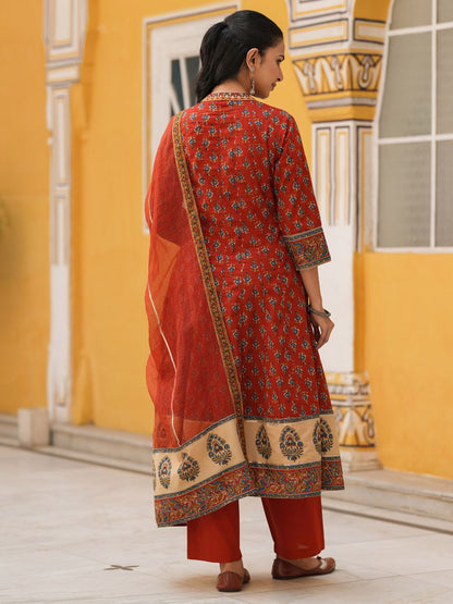 Dhiyona RR Women's Ethnic Motifs Printed Cotton Anarkali Kurta with Trousers & Dupatta