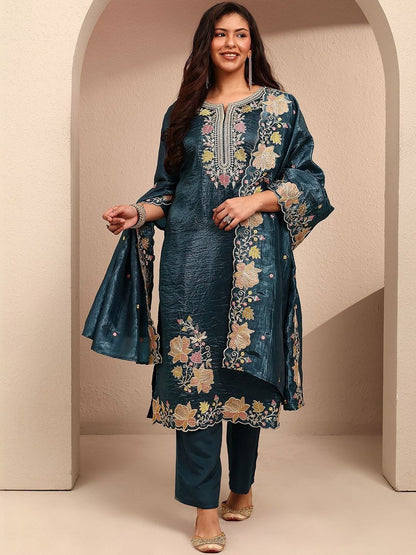 Dhiyona Women's Floral Embroidered Regular Thread Work Kurta with Trousers & With Dupatta