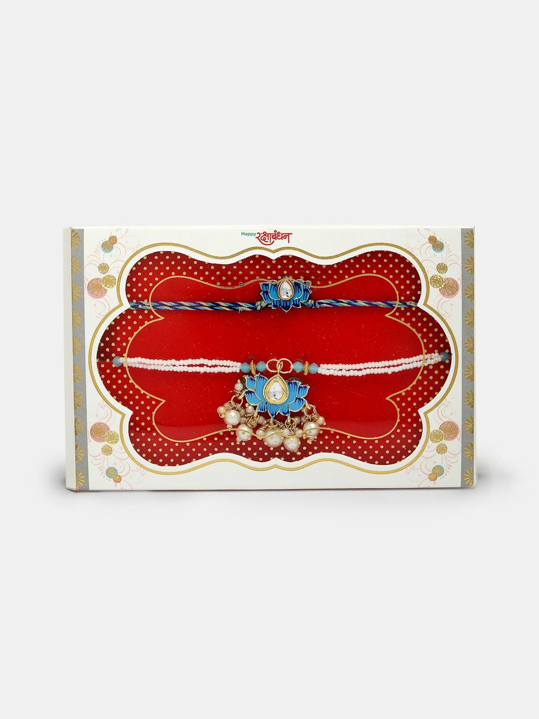 Dhiyona Unisex Set Of 2 Blue Lotus Shape Kundan-Studded & Beaded Wraparound Rakhi Set