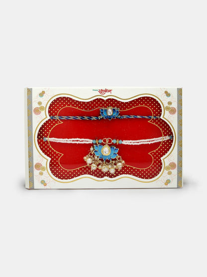 Dhiyona Unisex Set Of 2 Blue Lotus Shape Kundan-Studded & Beaded Wraparound Rakhi Set