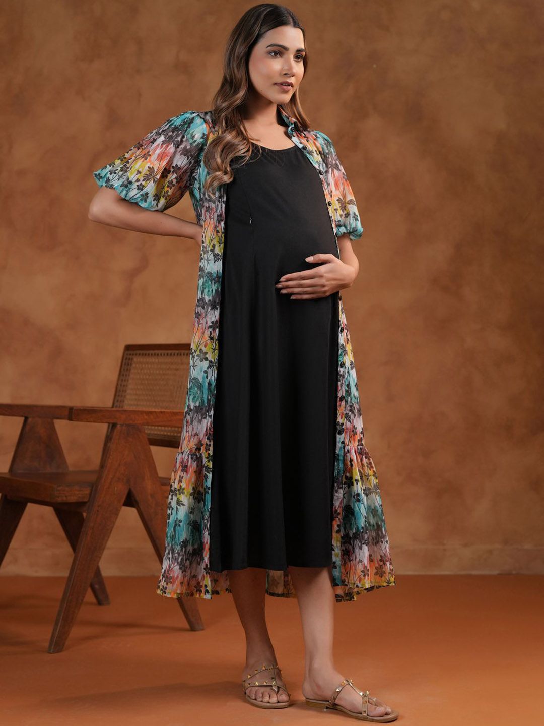 Dhiyona AY Women's Printed Shoulder Strap Neck Maternity Ethnic Dresses With Jacket