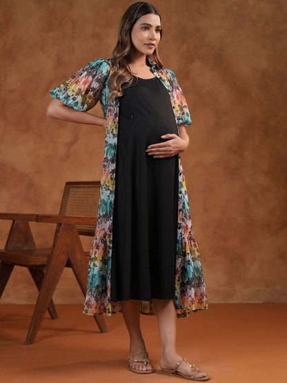 Dhiyona AY Women's Printed Shoulder Strap Neck Maternity Ethnic Dresses With Jacket