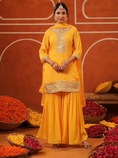 Dhiyona SC Women Bandhani Printed Gotta Patti Straight Kurta with Sharara & Dupatta