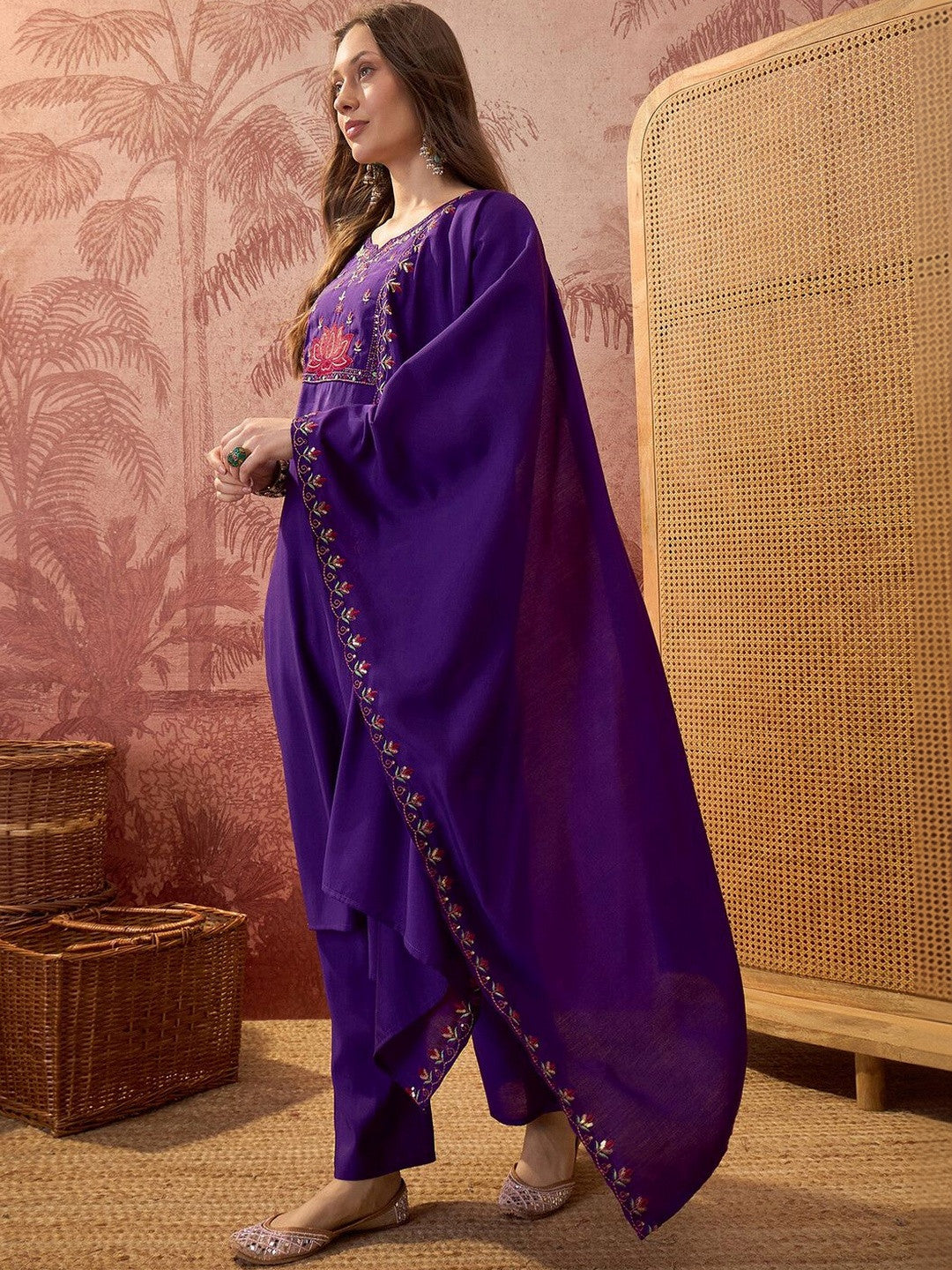 Embroidered Silk Blend Notched Neck Kurta & Trousers With Dupatta