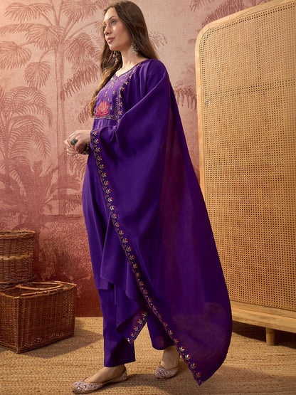 Embroidered Silk Blend Notched Neck Kurta & Trousers With Dupatta