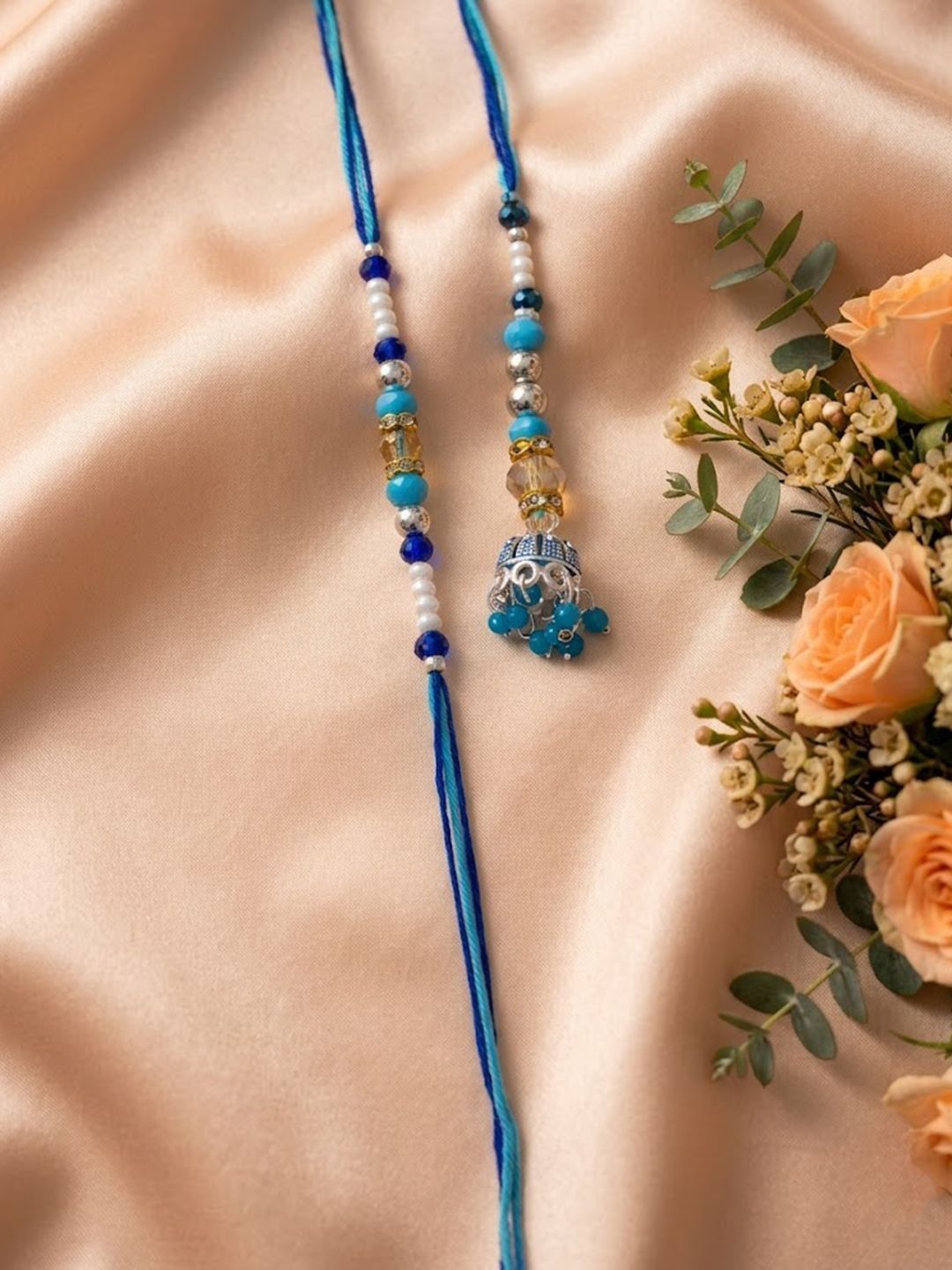 Dhiyona Set Of 2 Blue Artificial Beads Jhumka Design Bhaiya Bhabhi Rakhi With Roli Chawal
