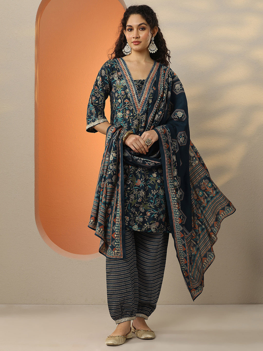 Women Floral Printed Regular Mirror Work Kurta with Salwar & With Dupatta