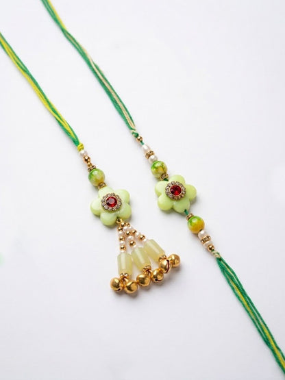 Anouk Set Of 2 Flower Shape Artificial Stones & Beads Bhaiya Bhabhi Rakhi With Roli Chawal