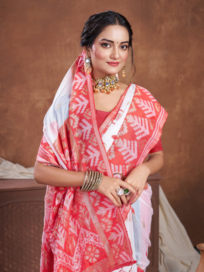 Dhiyona GR Women's Red & White Chanderi Cotton Saree For Durga Puja