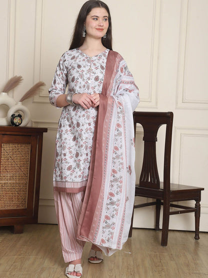 Dhiyona KL Floral Printed V-Neck Straight Kurta With Patiala & Dupatta