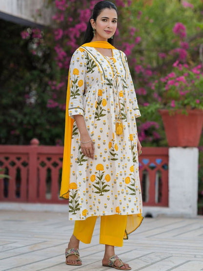 Dhiyona RR Women's Floral Printed Regular Pure Cotton Kurta & Trousers With Dupatta