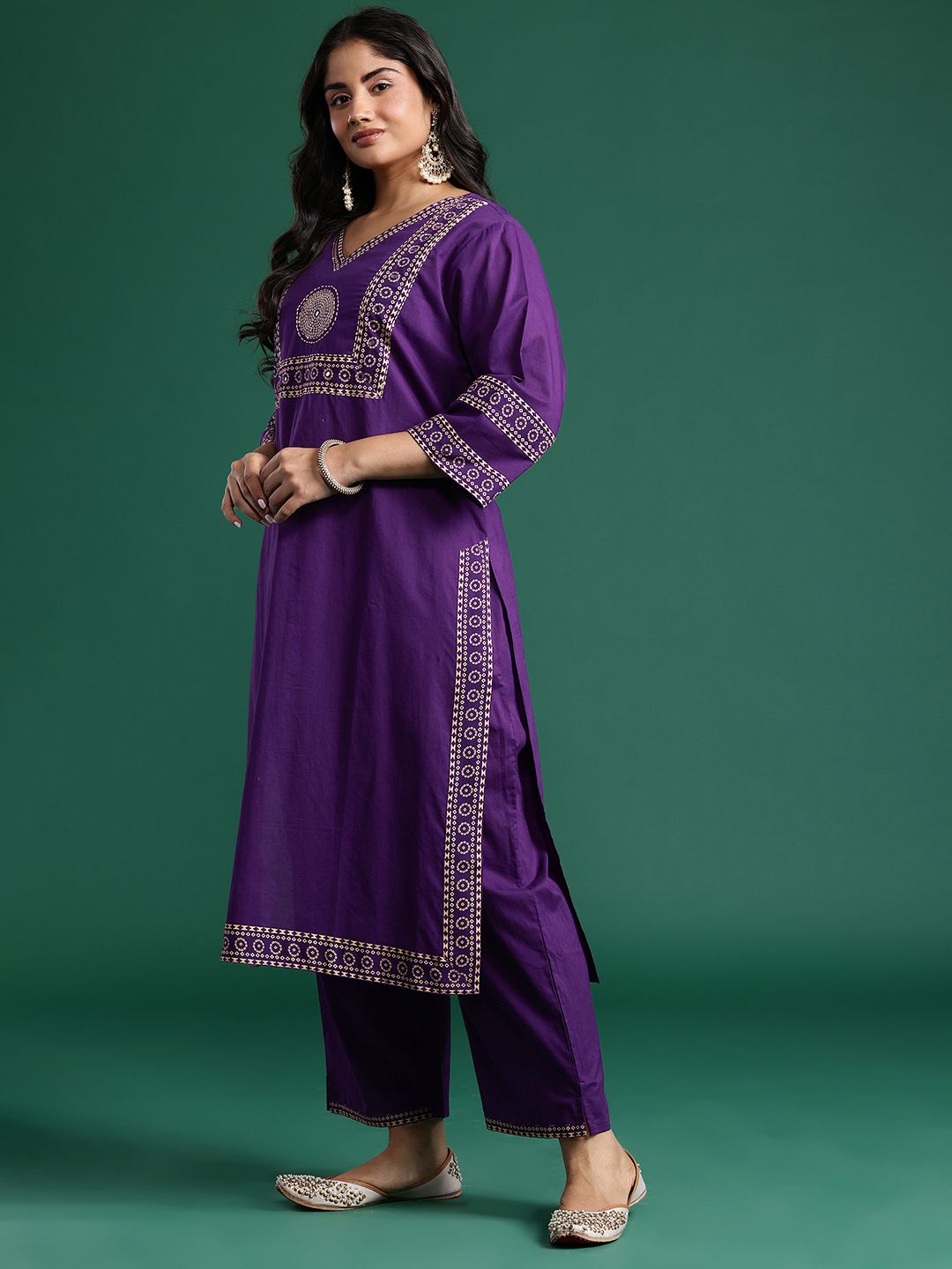 Dhiyona Women's Ethnic Motifs Print Mirror Work Pure Cotton Kurta with Palazzos & Dupatta