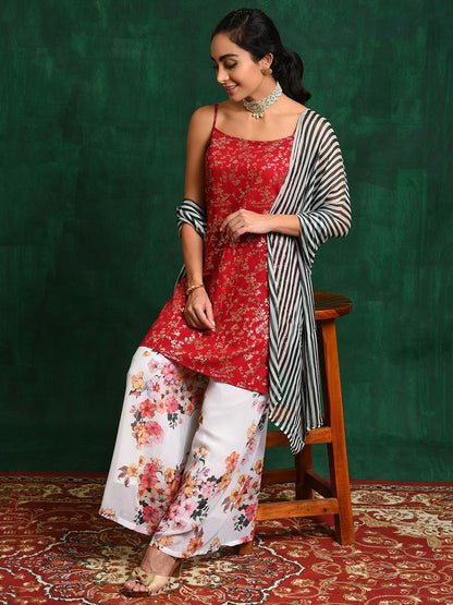 Dhiyona SN Red & White Floral Printed Zari Georgette Straight Kurta With Palazzo & Dupatta