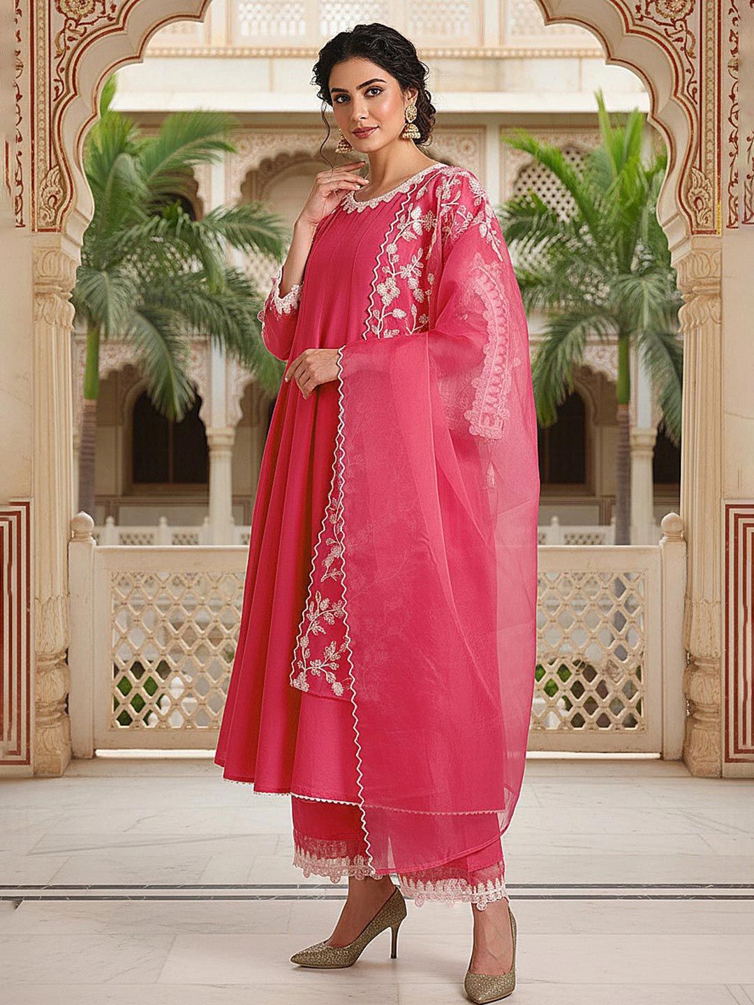 Dhiyona KL Women Embroidered Empire Thread Work Kurta with Palazzos & With Dupatta
