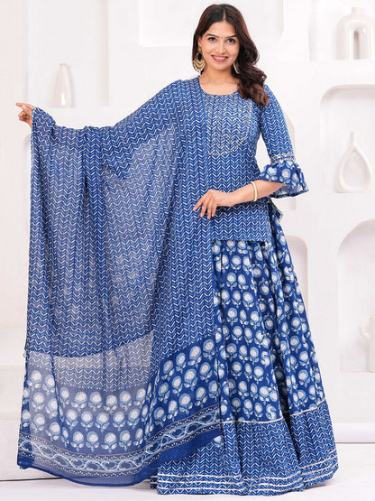 Dhiyona KL Women Ethnic Motifs Printed Pure Cotton Kurti with Skirt & Dupatta