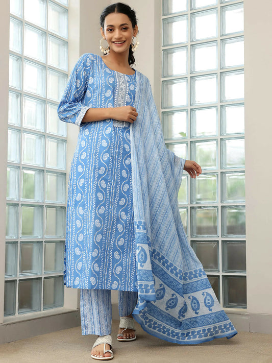 Women's LB Blue Printed Cotton Straight Suit With Dupatta