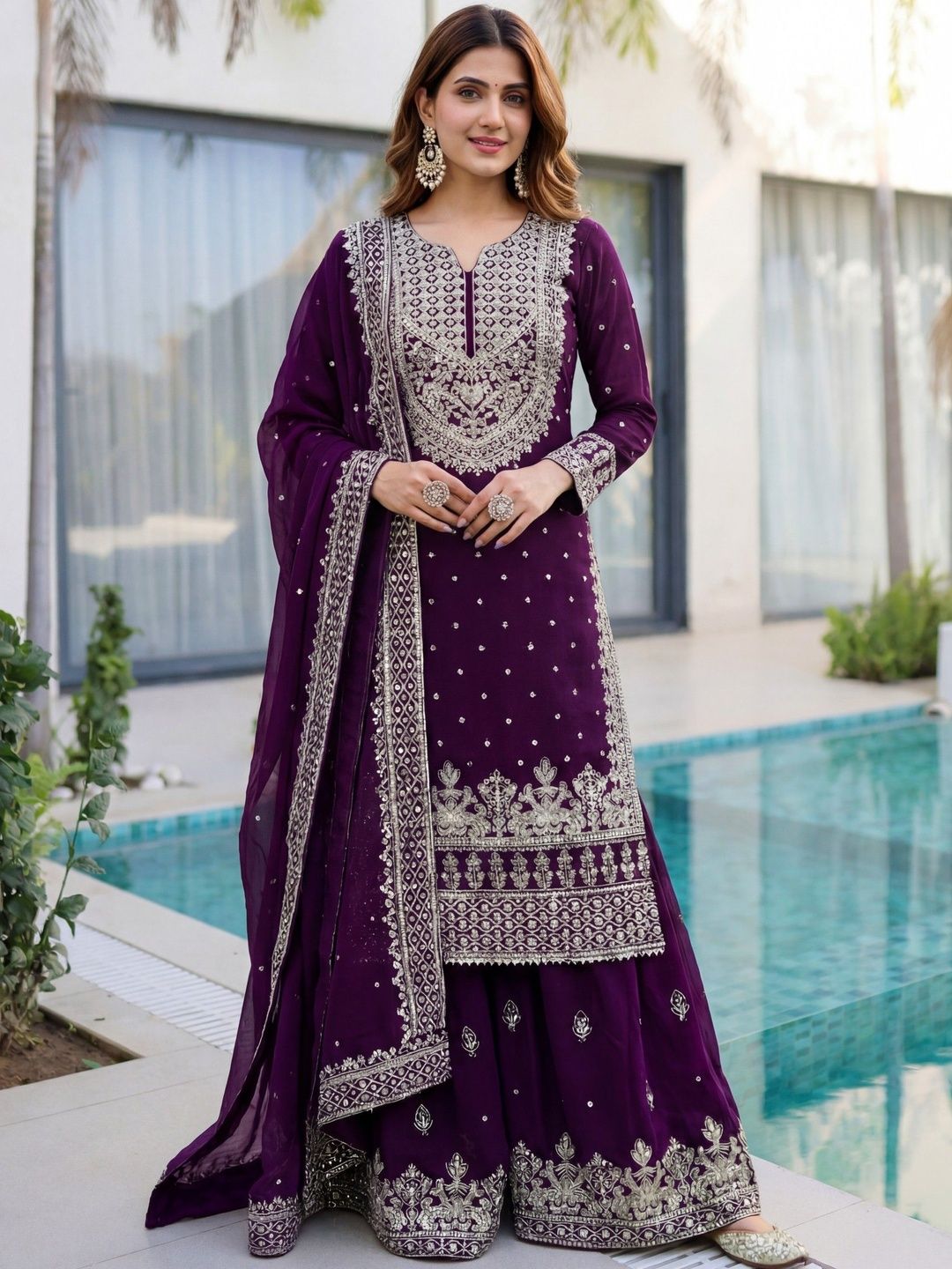 Dhiyona SN Embroidered Round Neck Straight Kurta & Sharara With Dupatta