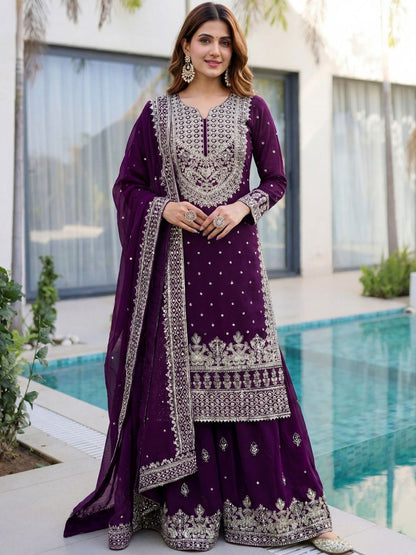 Dhiyona SN Embroidered Round Neck Straight Kurta & Sharara With Dupatta