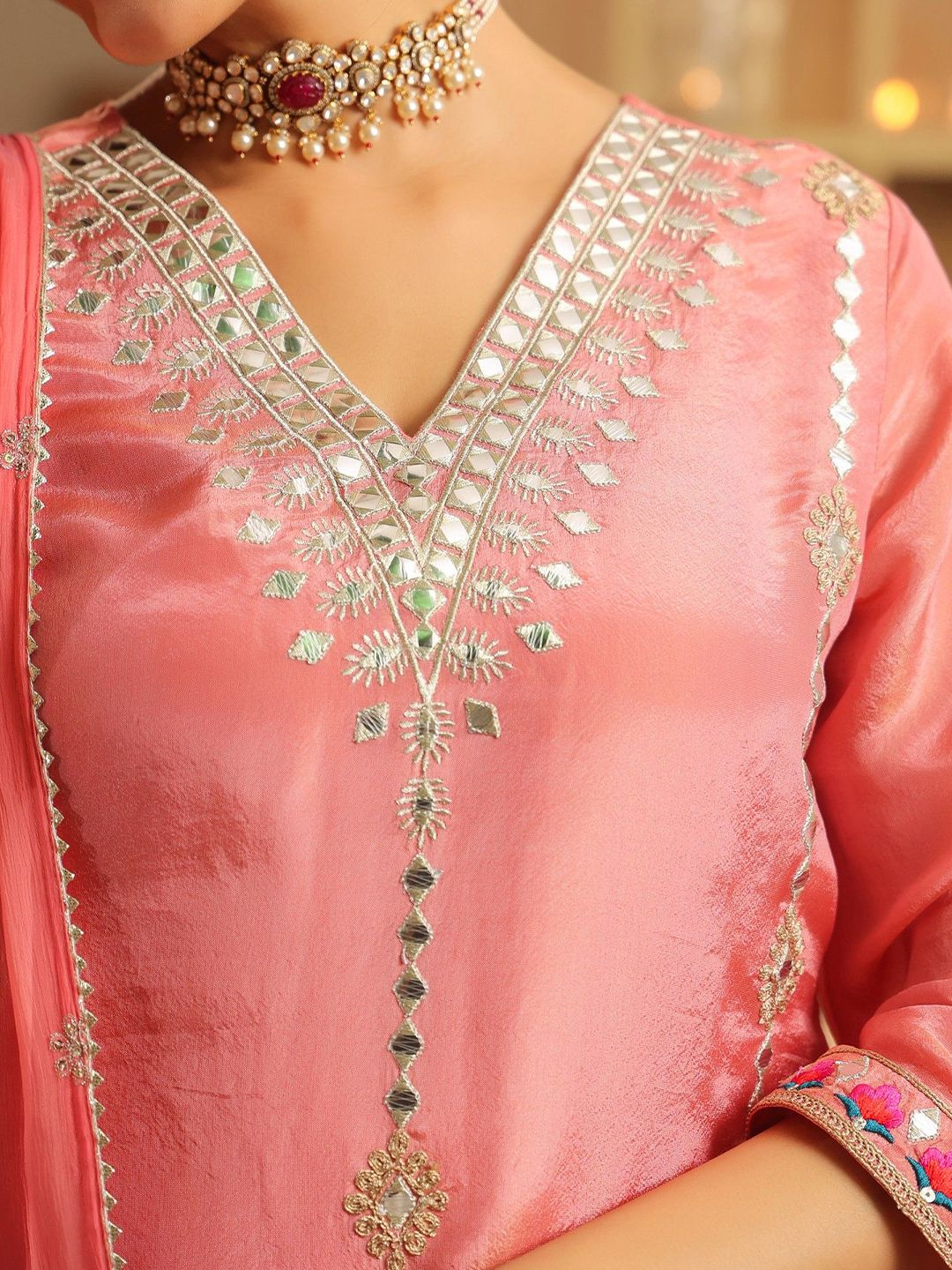 Dhiyona SC Ethnic Motifs Embroidered Thread Work Shimmer Tissue Kurti With Sharara Dupatta