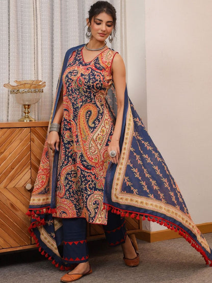 Dhiyona RR Women's Ethnic Motifs Printed Regular Pure Cotton Top with Trousers & With Dupatta