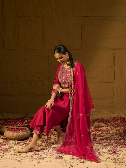 Women's Red Embroidered Straight Kurta Trousers With Dupatta Set