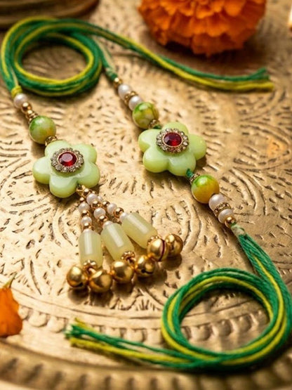 Anouk Set Of 2 Flower Shape Artificial Stones & Beads Bhaiya Bhabhi Rakhi With Roli Chawal