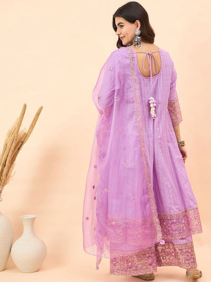 Dhiyona AN Floral Embroidered Sequinned Pure Cotton Kurta With Sharara & Dupatta