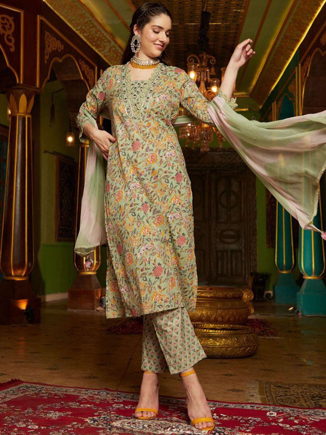 Floral Printed Pure Cotton Straight Kurta With Trousers & Dupatta Set