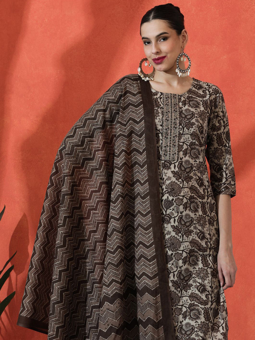 Floral Embroidered Straight Pure Cotton Kurta With Trousers & Dupatta
