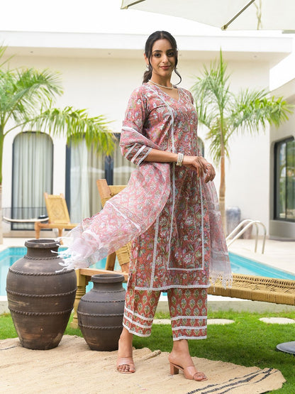 Dhiyona KL Floral Printed V-Neck Pure Cotton Kurta with Trouser And Dupatta