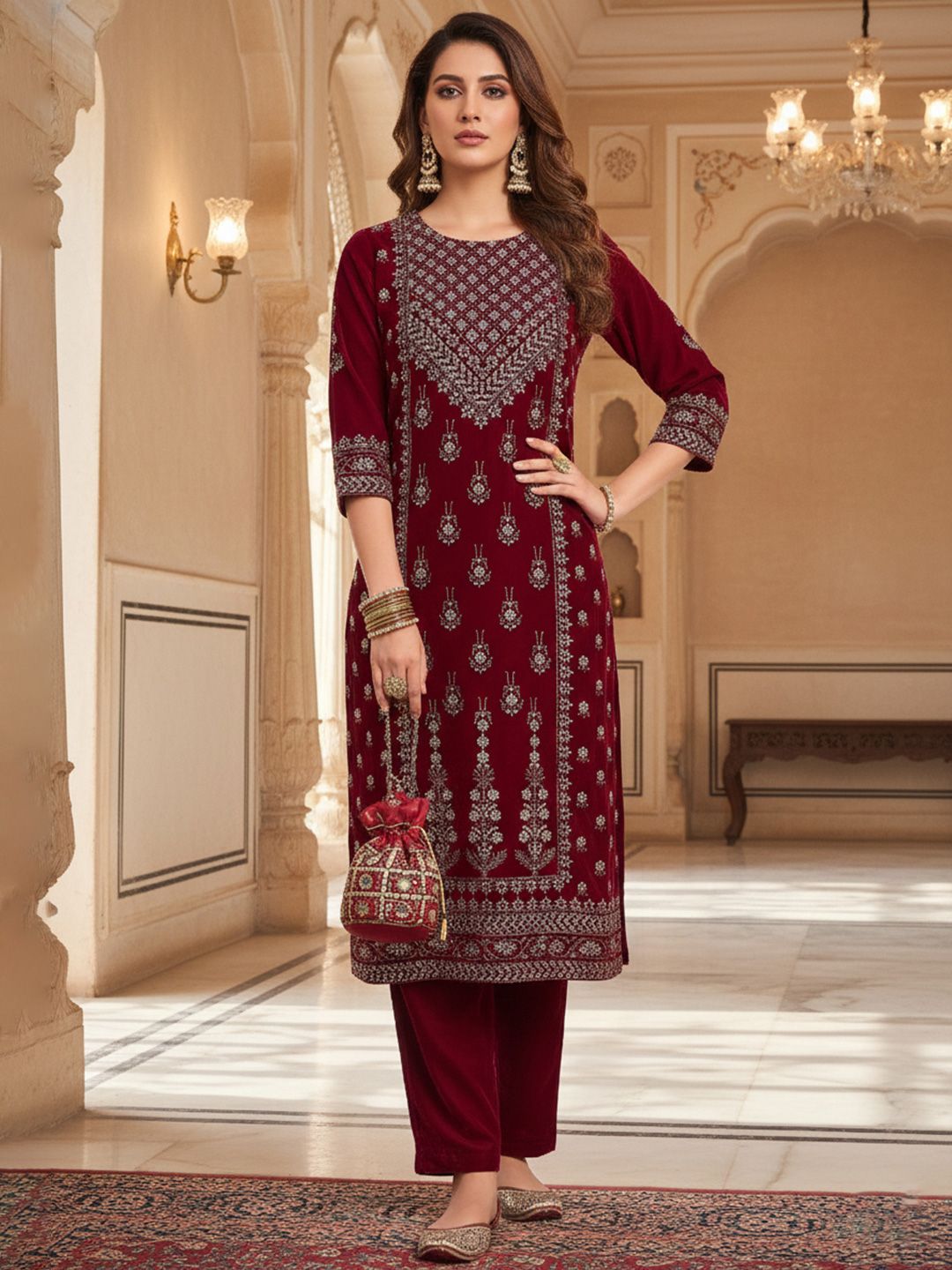 Maroon Women Ethnic Motifs Printed Regular Thread Work Velvet Kurta with Trousers
