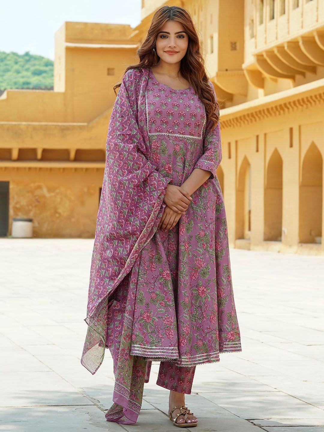 Dhiyona KL Floral Printed Gotta Patti Pure Cotton Anarkali Kurta With Trousers & Dupatta