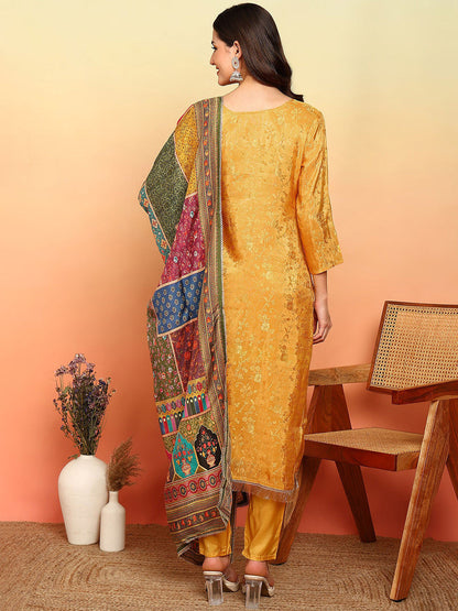 Floral Woven Design Round Neck Tissue Straight Kurta With Trousers & Dupatta