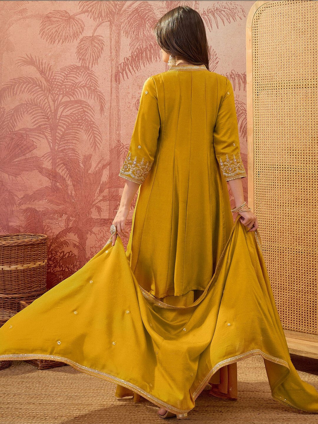 Embroidered V-Neck Kurta & Sharara With Dupatta