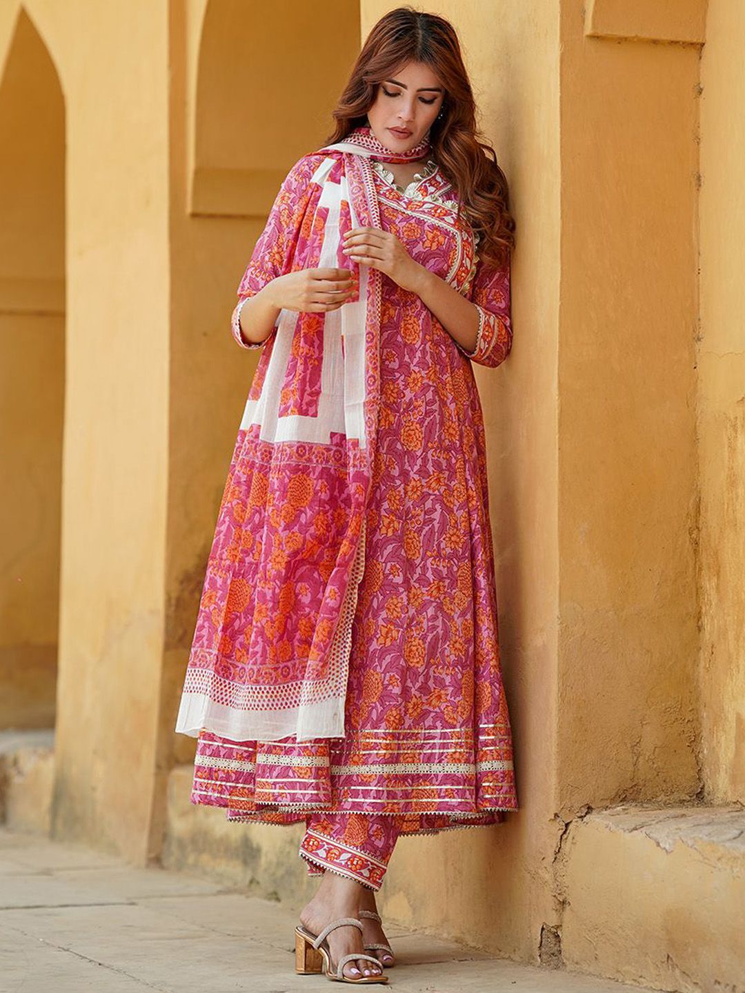 Dhiyona KL Floral Printed Angrakha Pure Cotton Anarkali Kurta With Trousers & Dupatta