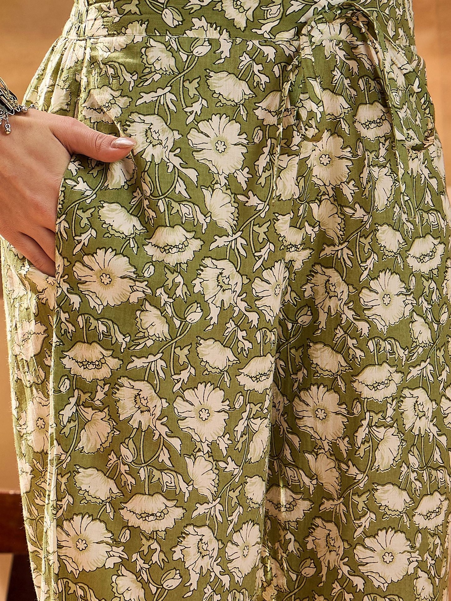 Dhiyona SN Women's Women's Pista Green Block Printed Cotton Anarkali Kurta Pant Dupatta Set