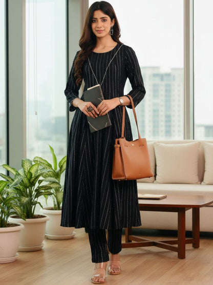 Black Women Striped Regular Silk Crepe Kurta with Trousers