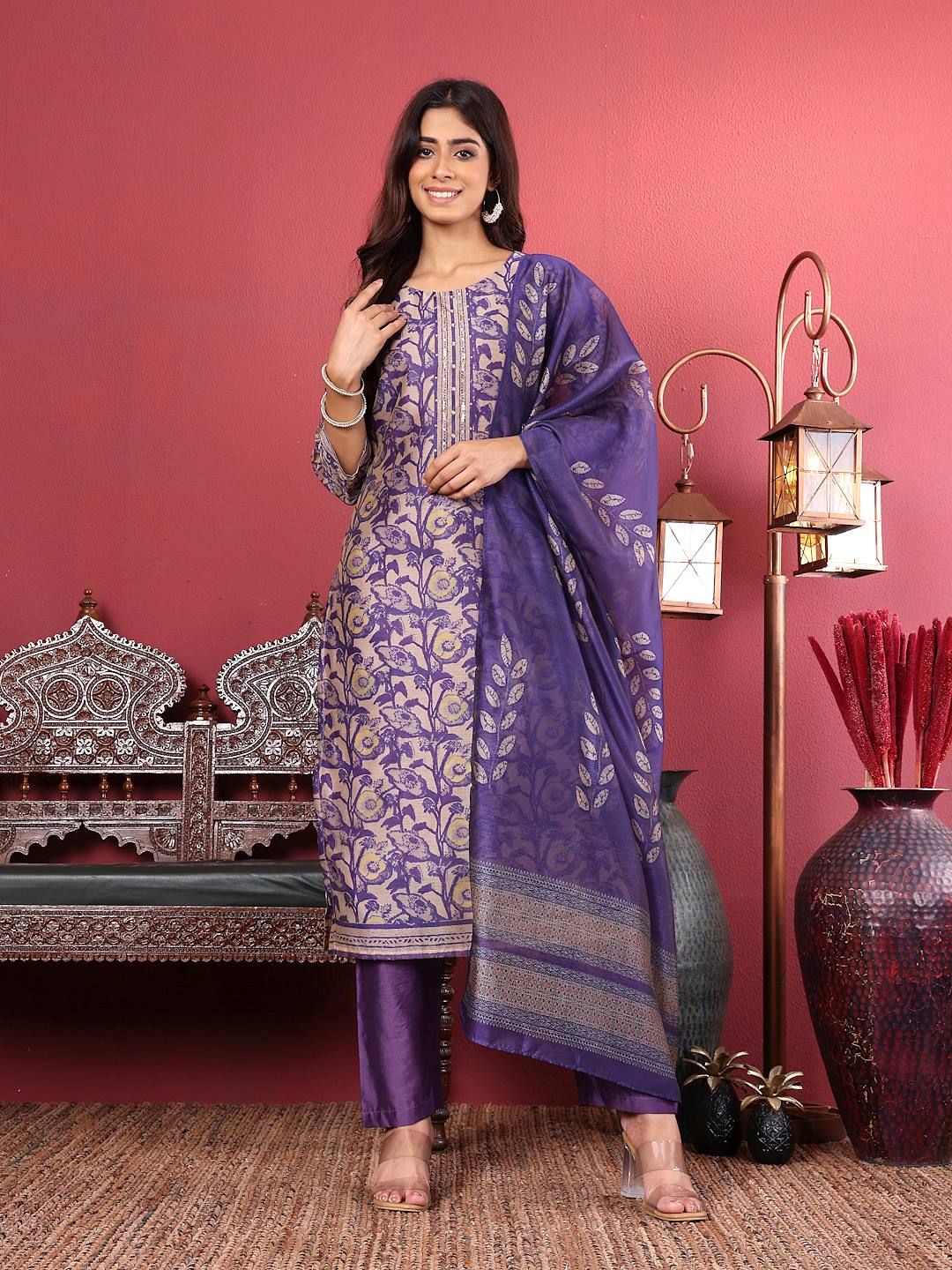 Purple Purple Floral Printed Beads and Stones Chanderi Silk Kurta with Trousers & Dupatta