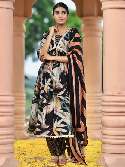 Women's LB Black Printed Silk Blend A-Line Kurta With Salwar & Dupatta