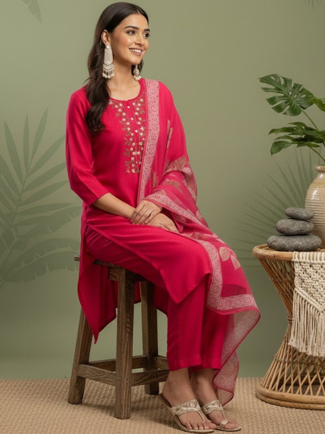 Embroidered Round Neck Kurta & Trousers With Dupatta