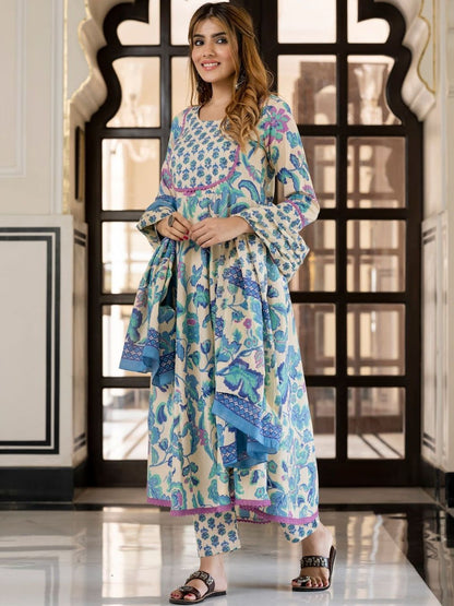 Dhiyona KL Kalini Women Floral Printed Pure Cotton Anarkali Kurta and Trousers With Dupatta