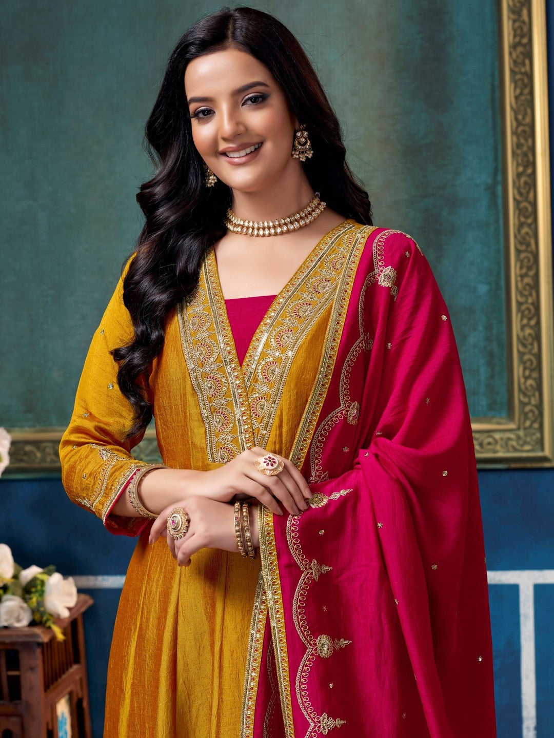 Embroidered V-Neck Kurta & Trousers With Dupatta