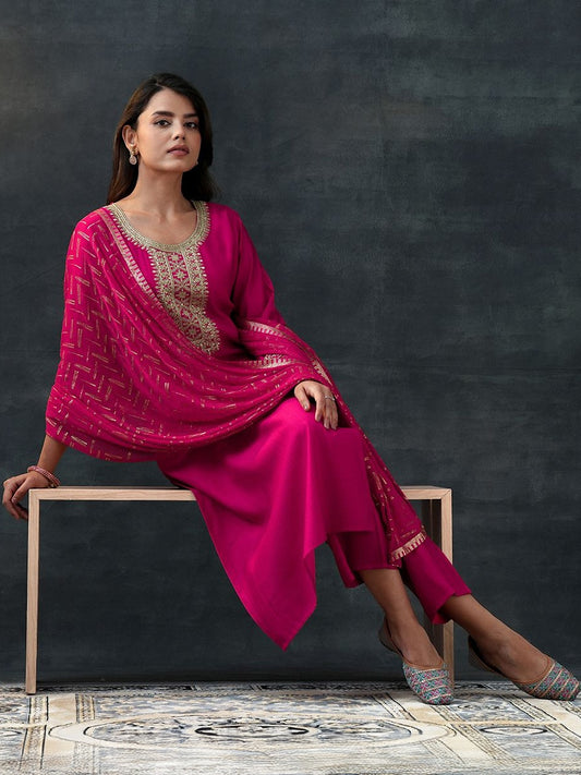 Women Ethnic Motifs Embroidered Regular Thread Work Kurta with Trousers & With Dupatta