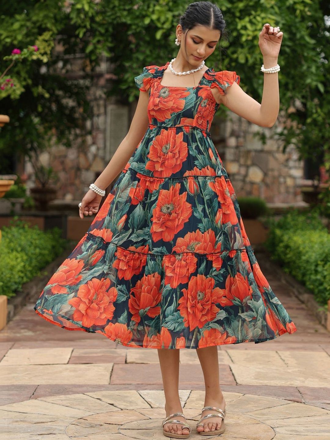 Dhiyona AY Women's Floral Print Flutter Sleeve Fit & Flare Midi Dress