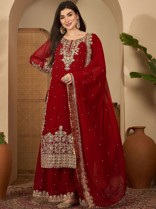Dhiyona SN Embroidered Round Neck Straight Kurta & Palazzos With Dupatta