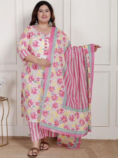 Dhiyona KL Women Floral Printed Cotton Kurta & Trousers With Dupatta